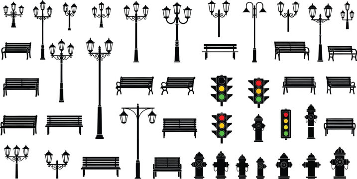 Street furniture silhouette collection featuring park benches, vintage lamp posts, traffic lights, and fire hydrants in vector