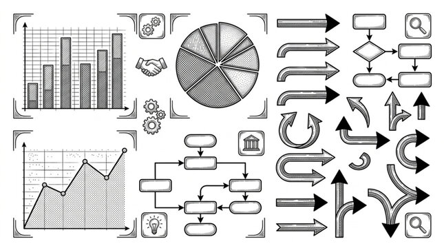 Hand drawn business charts and flowcharts collection.