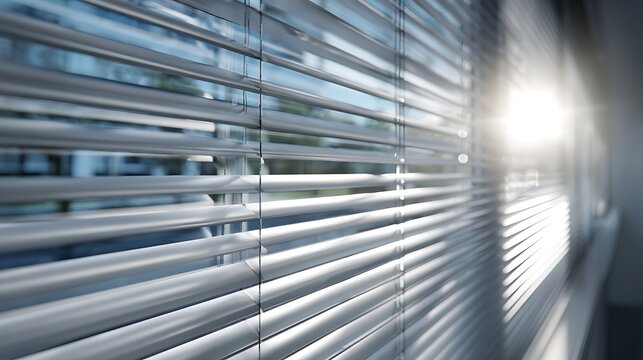 Close-up of horizontal window blinds allowing sunlight to stream through to the room