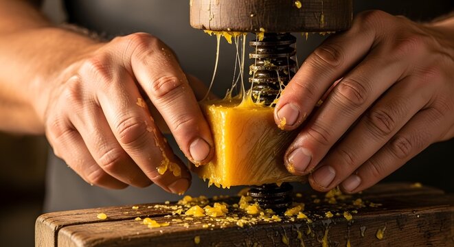Close-up of hands grating a block of cheese with a vintage grater.
