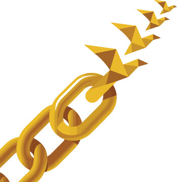 Golden metal chain link breaking apart and transforming into a flock of flying paper birds showing freedom and breaking free from bondage