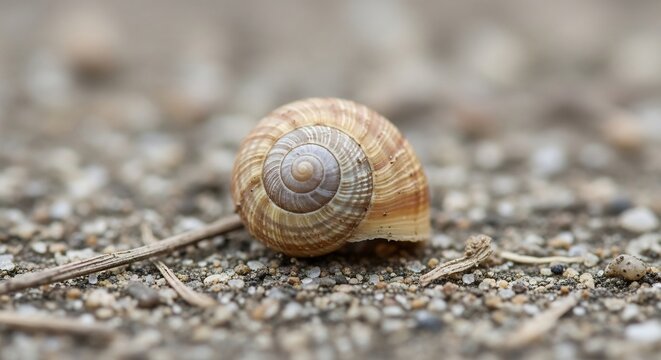 Closeup of a Snail Shell Resting on a Gravelly Surface.