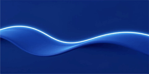 Abstract futuristic background with a bright glowing neon line on a smooth dark blue silk wave © Md