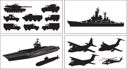 Military vehicle and aircraft silhouettes collection with tanks warships submarines and transport aircraft vector set © MdMazibur