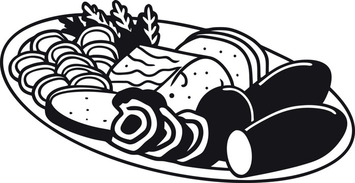 Breakfast Platter Vector Illustration &ndash; Sausage Eggs Bread Line Art