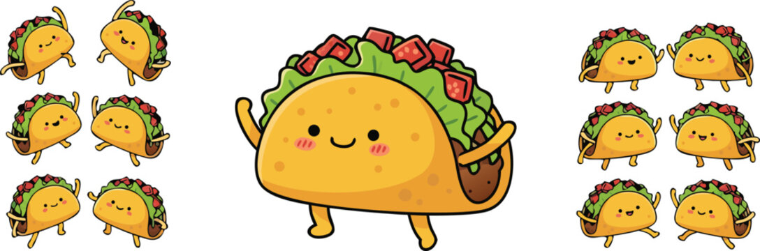 Cute taco cartoon vector illustration set featuring funny Mexican food characters isolated kawaii fast food collection