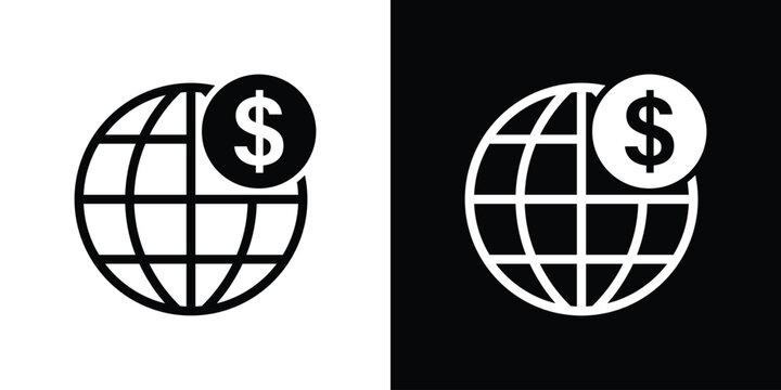 Global finance icon with globe and dollar coin. Worldwide economy, international business, trade, offshore banking, and global market vector.