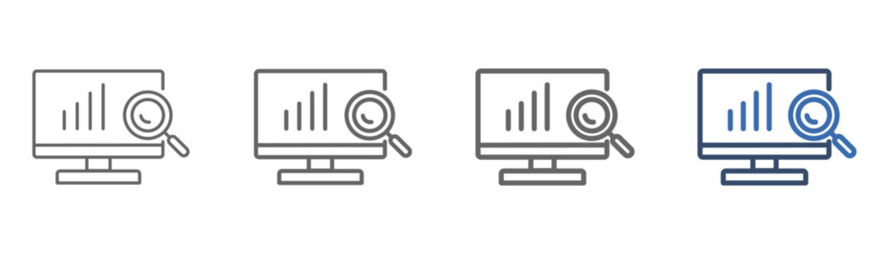 
outline icon set analysis with computer design, bar graph and magnifying glass