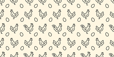 Seamless farm pattern with hand drawn chicken, rooster and egg outline icons. Cute minimal poultry background for packaging, kitchen textiles, cafe menus and organic food branding.  © IRYNA