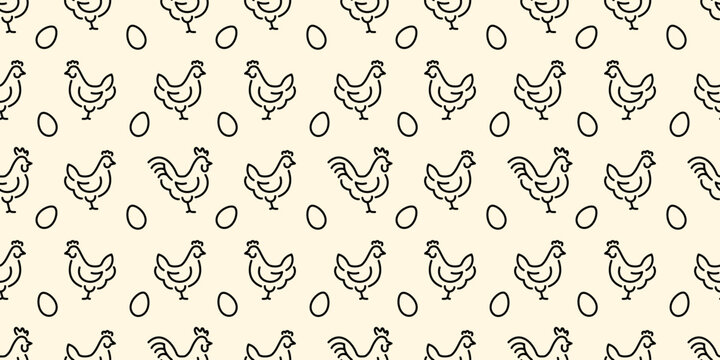 Seamless farm pattern with hand drawn chicken, rooster and egg outline icons. Cute minimal poultry background for packaging, kitchen textiles, cafe menus and organic food branding. 