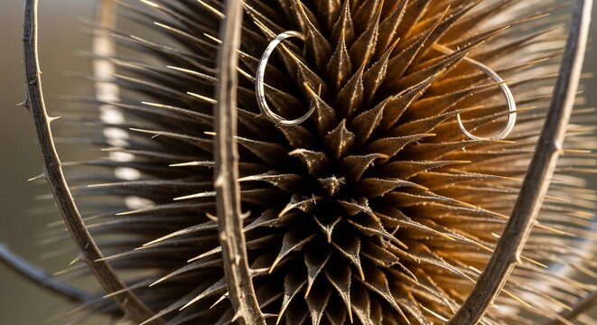 Macro Closeup of a Dried Teasel Seed Head with Intricate Spiky Details.