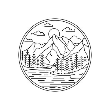 Minimalist Mountain Landscape With Circular Frame Line Art Illustration
