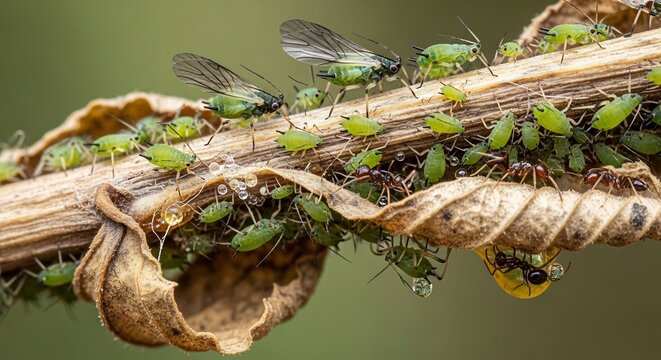 Macro photograph of a cluster of green aphids on a dry plant stem.