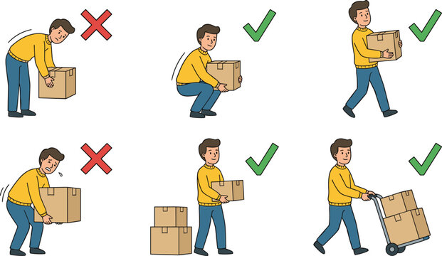Correct and Incorrect Heavy Box Lifting Posture Guide Set with Right and Wrong Body Position for Workplace Safety and Health Designs