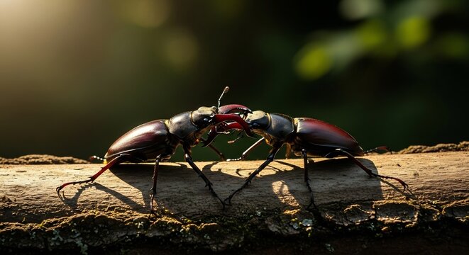 Two Stag Beetles Locked in Combat on a Mossy Log.