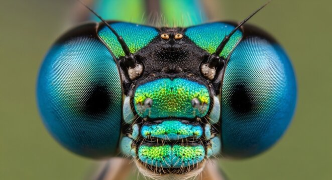 Extreme Macro Closeup of a Damselflys Intricate Compound Eyes and Head.