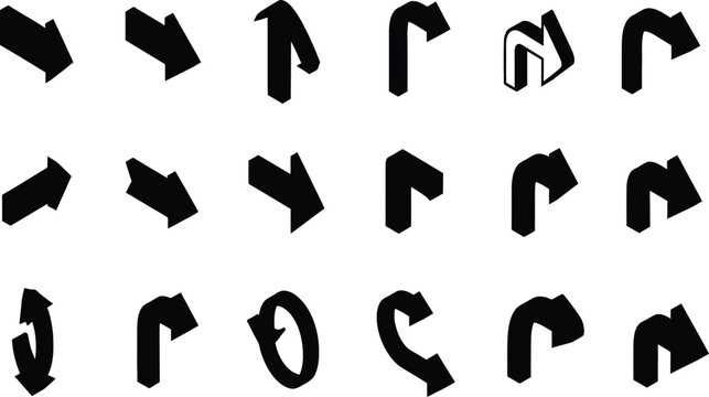 Set of black isometric 3d arrows pointing in different directions for design and navigation