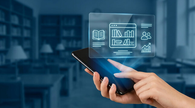 Hands holding a smartphone with holographic digital library interface in a blurred library background, online education and e-learning technology concept.