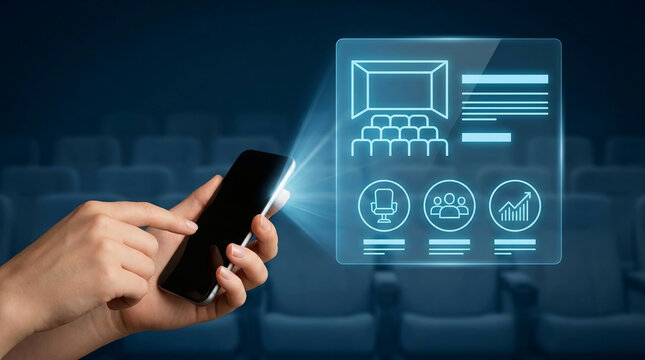 Hand using smartphone to book cinema tickets with futuristic holographic interface showing seating chart and audience analytics in a movie theater.