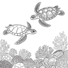 Two sea turtles swimming in ocean with coral reef isolated on transparent background © mohammad