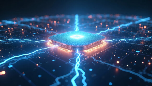Central processing unit with glowing circuits and blue electric sparks, representing advanced technology and artificial intelligence