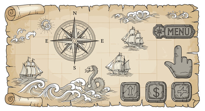 Vintage treasure map illustration on parchment paper featuring sailing ships, sea monsters, a compass rose, and interactive game menu buttons.