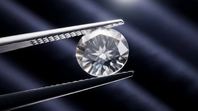 Brilliant Cut Diamond Held by Jewelers Tweezers in a Dark with Luxurious Setting.