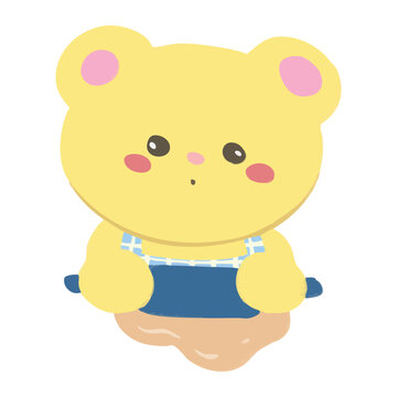 Cute yellow bear character wearing an apron baking bread with a rolling pin dough