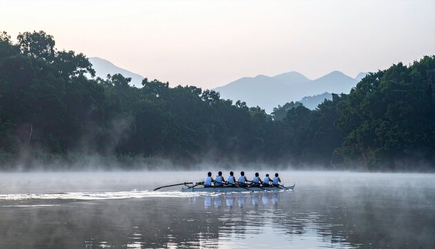 Rowing team in eights boat gliding on misty lake at dawn with foggy forest backdrop