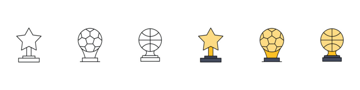 Sports trophy award and championship golden cup icons. Vector illustration of linear and golden star reward with soccer football and basketball tournament winner prizes on stand.