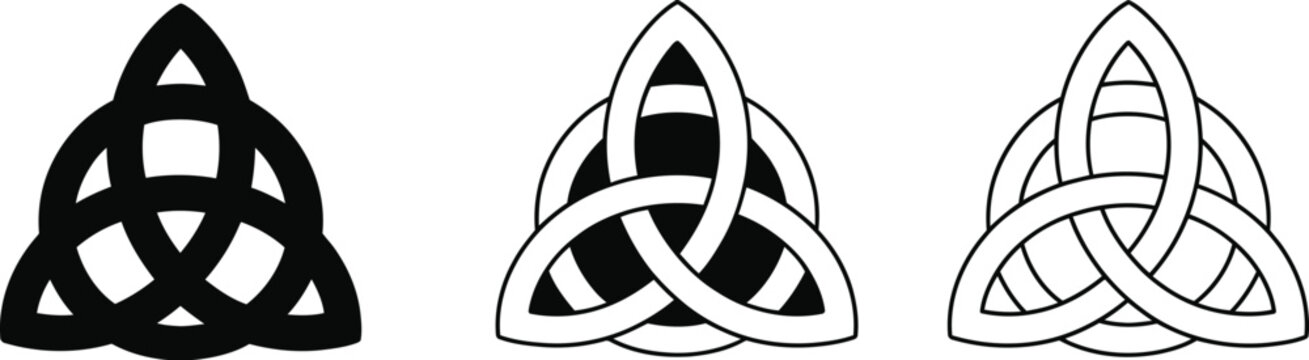 Celtic triquetra knot vector icon set featuring traditional trinity symbols with interlaced circular geometric patterns for decorative pagan design.