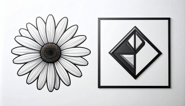 White daisy flower illustration and geometric startup success icon in black and white line art style