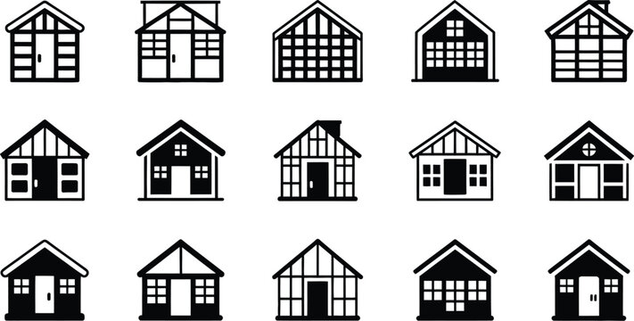 Greenhouse icon set featuring different glasshouse building styles backyard garden sheds glass frames and nursery structures for agricultural design.