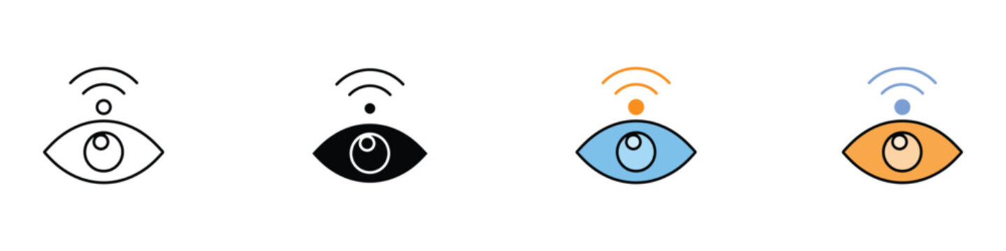 Smart eye scan and biometric vision icons. Vector illustration of human eyeball with wireless signal waves representing cyber security recognition or digital retina tracking interface.