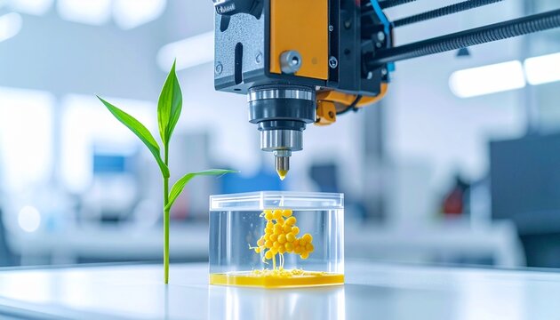 Eco friendly 3D printer creating biodegradable bioplastic structure with green corn sprout green technology concept