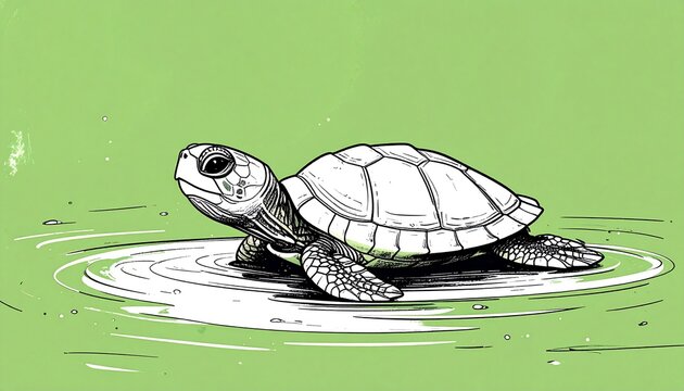 Tiny Turtle Floating on Water in Black and White Outline Coloring Page Style