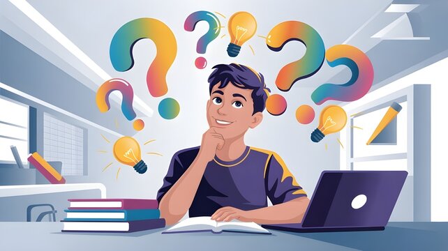 Cute teenage student thinking while studying books and laptop, question marks and lightbulb floating around, colorful educational vector illustration, modern cartoon style, ultra high quality detail, 