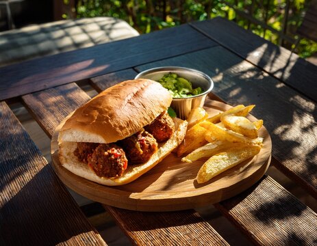 a sun dappled patio with a meatball sub and crunchy fries on the side