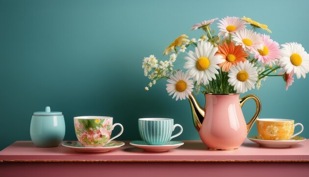 delicate daisies fill a pitcher beside patterned teacups showcasing a colorful pastel backdrop and serene still life composition