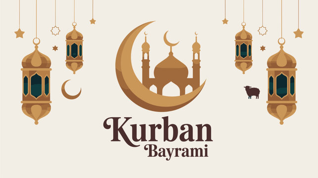 Flat Kurban Bayrami greeting vector with Islamic sacrifice festival elements isolated on white background