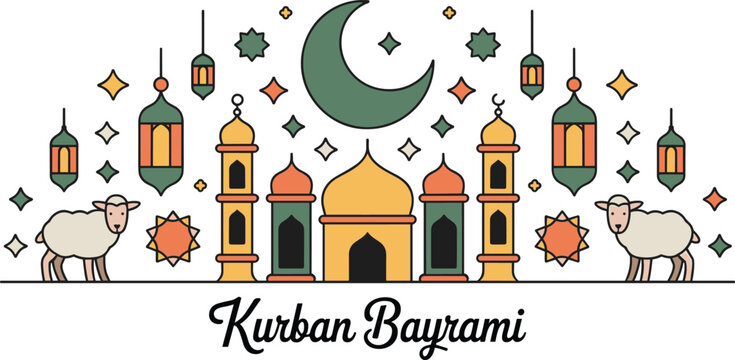 Kurban Bayrami greeting vector illustration with Islamic feast of sacrifice celebration isolated on white background