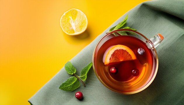 gray kitchen napkin with fruity tea isolated on a colorful background