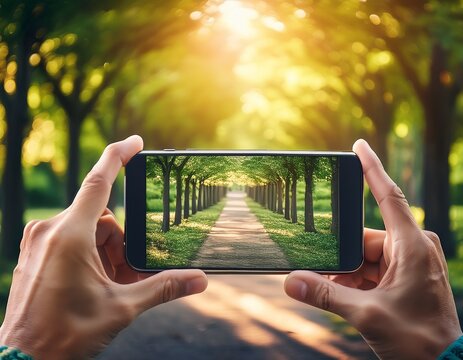 hand holds phone taking picture of sunlit park pathway green trees line path creating bright warm natural scene blurred background adds depth perspective