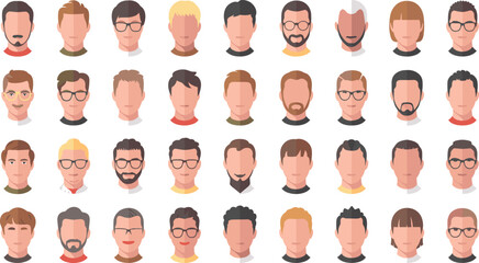 Flat male avatar vector collection with beard glasses and hairstyle portraits isolated on white backgroundmale, man, avatar, portrait, men, hairstyle, beard, glasses, guy, face, profile, © Md