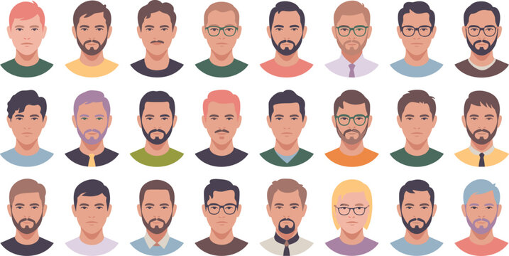 Flat male avatar vector collection with beard glasses and hairstyle portraits isolated on white backgroundmale, man, avatar, portrait, men, hairstyle, 