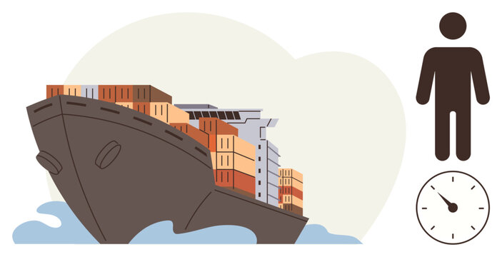 Logistics, global trade, shipping, supply chain, import-export, time management. Cargo ship carrying containers, a clock and a person figure. Logistics and global trade concept