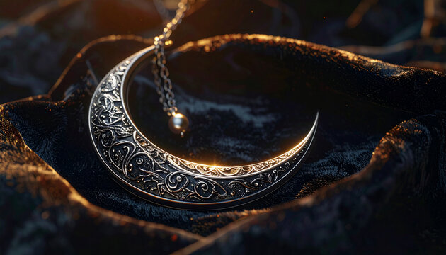 Elegant crescent moon pendant on dark velvet background