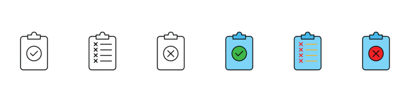 Clipboard checklist and survey report icons. Vector illustration of blue task boards with green check marks and red cross error symbols for business project test template.