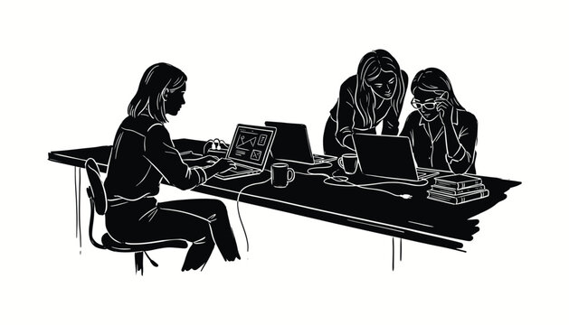 Business women working on laptops in a collaborative office environment silhouette illustration