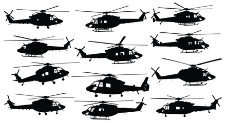 Collection of helicopter silhouettes against a white background © sefali